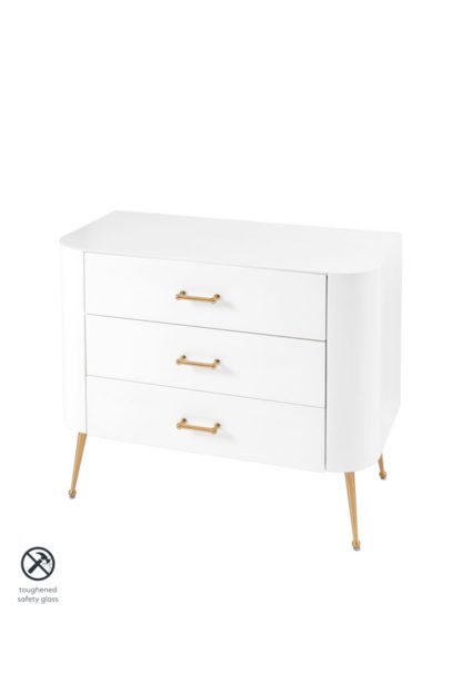An Image of Mason White Glass Chest of Drawers – Brushed Gold Legs