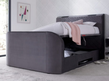 An Image of Paris Grey Velvet Ottoman Electric Media TV Bed - 5ft King Size