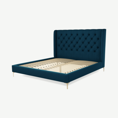 An Image of Romare Super King Size Bed, Shetland Navy Wool with Brass Legs