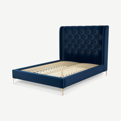 An Image of Romare Double Bed, Regal Blue Velvet with Brass Legs