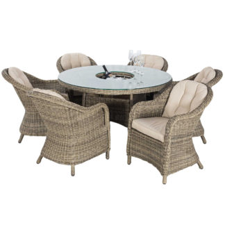 An Image of Taransay 6 Seat Round Garden Dining Set with Ice Bucket and Lazy Susan in Natural Weave and Beige Fabric