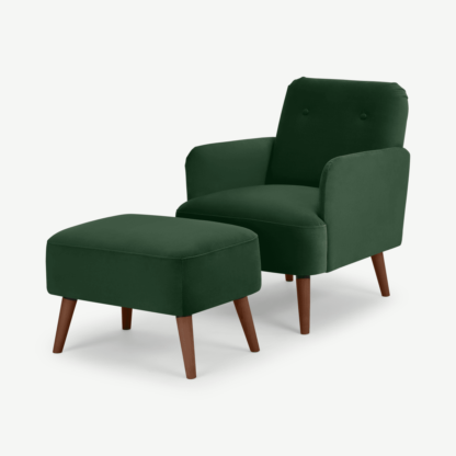 An Image of Elvi Accent Armchair and Footstool, Pine Green Velvet