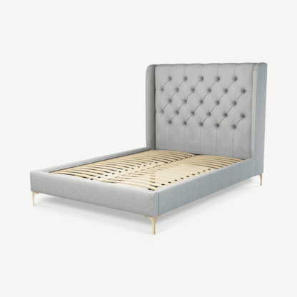 An Image of Romare Double Bed, Wolf Grey Wool with Brass Legs