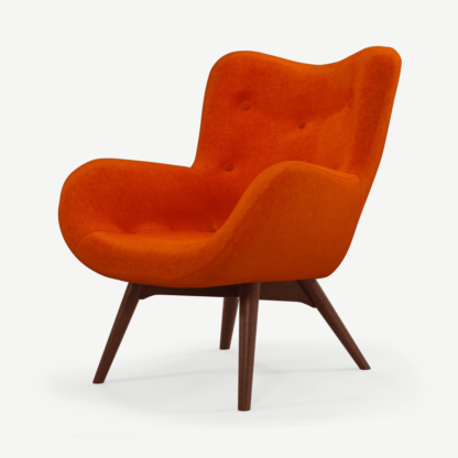 An Image of Doris Accent Armchair, Citrus Orange Velvet with Dark Wood Legs