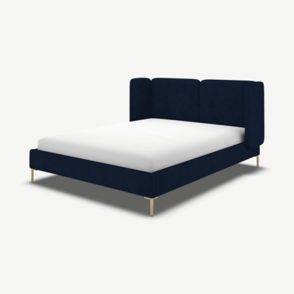 An Image of Ricola Double Bed, Prussian Blue Cotton Velvet with Brass Legs
