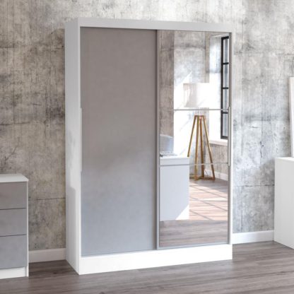 31b4dbcf3374bc944763362b39bb15e6a2f04b35eed074a10f2af6b6f804a4e4.jpg An Image of Lynx White and Grey 2 Door Sliding Wardrobe with Mirror