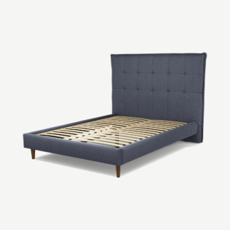 An Image of Lamas Double Bed, Navy Wool with Walnut Stain Oak Legs