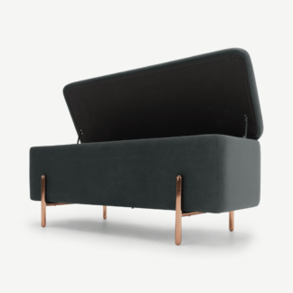 An Image of Asare 110cm Upholstered Ottoman Storage Bench, Midnight Grey Velvet and Copper