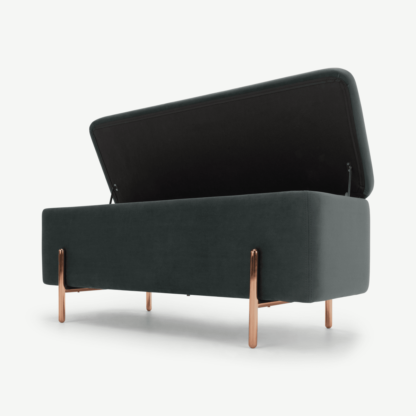 34628cbc68cf56c17fc1e003e00ef6694e602835028a89d91cde38a7ac67222f.png An Image of Asare 110cm Upholstered Ottoman Storage Bench, Midnight Grey Velvet and Copper
