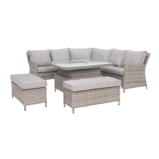An Image of Hathaway Corner Garden Dining Set with Ice Bucket in Light Grey Weave and Grey Fabric