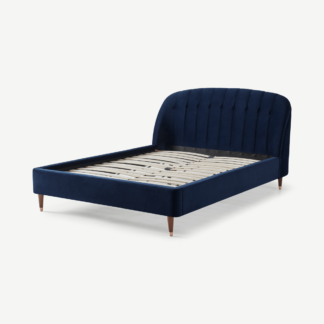 An Image of Margot King Size Bed, Royal Blue Velvet & Dark Stain Copper Legs