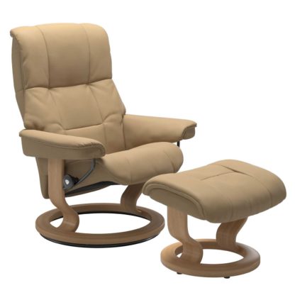 3806a105ed58a397a88c05694fa140f99b2b2c20b9b2b153d584f2f3fc8c4843.jpg An Image of Stressless Mayfair Medium Classic Chair & Stool, Paloma Sand & Oak