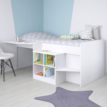 3d0dce88da9d78a9266871db5ebe566bcfb224fac9b0d48386b6f8eb14e7c113.jpg An Image of Pilot White Wooden Mid Sleeper Cabin Bed Frame - 3ft Single