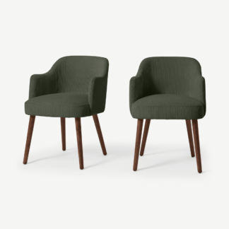 An Image of Swinton Set of 2 Carver Dining Chairs, Sage Corduroy Velvet with Walnut Legs