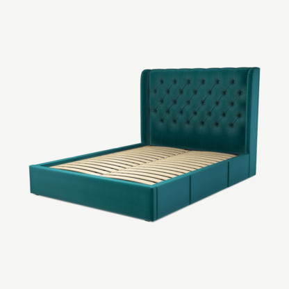 An Image of Romare King Size Bed with Storage Drawers, Tuscan Teal Velvet