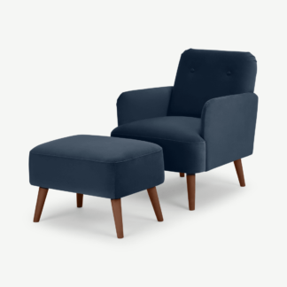 An Image of Elvi Accent Armchair and Footstool, Sapphire Blue Velvet