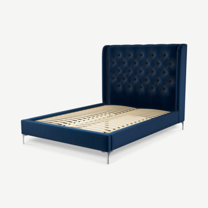 An Image of Romare Double Bed, Regal Blue Velvet with Nickel Legs