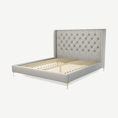 An Image of Romare Super King Size Bed, Ghost Grey Cotton with Brass Legs