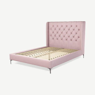 An Image of Romare King Size Bed, Tea Rose Pink Cotton with Nickel Legs