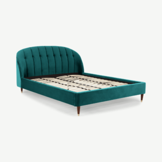 An Image of Margot Double Bed, Seafoam Blue Velvet & Dark Stain Brass Legs