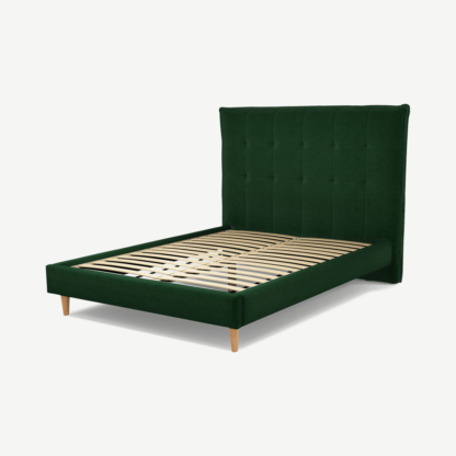 An Image of Lamas Double Bed, Bottle Green Velvet with Oak Legs