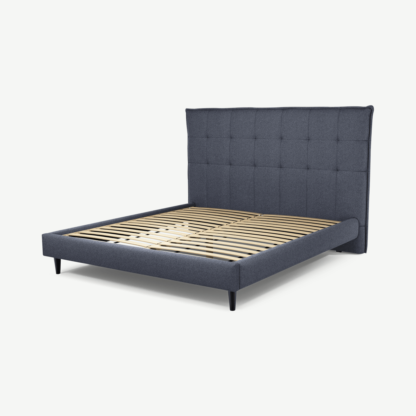 An Image of Lamas Super King Size Bed, Navy Wool with Black Stain Oak Legs