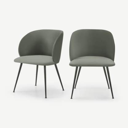 An Image of Adeline Set of 2 Carver Dining Chairs, Sage Green Velvet & Black