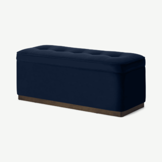 An Image of Lavelle Ottoman Bench with Walnut Stain Plinth, Ink Blue Velvet