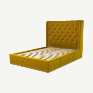 An Image of Romare Double Bed with Storage Drawers, Saffron Yellow Velvet