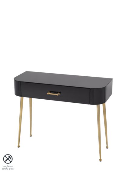An Image of Mason Black Glass Console Table – Brushed Gold Legs