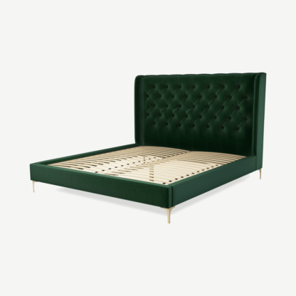 An Image of Romare Super King Size Bed, Bottle Green Velvet with Brass Legs