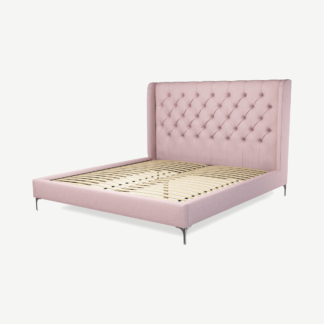 An Image of Romare Super King Size Bed, Tea Rose Pink Cotton With Nickel Legs