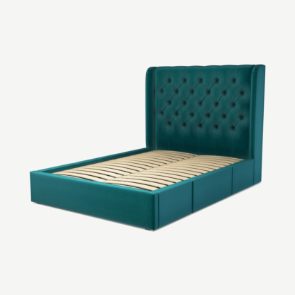 An Image of Romare Double Bed with Storage Drawers, Tuscan Teal Velvet