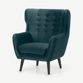 An Image of Kubrick Wing Back Chair, Steel Blue Velvet with Black Stain Leg