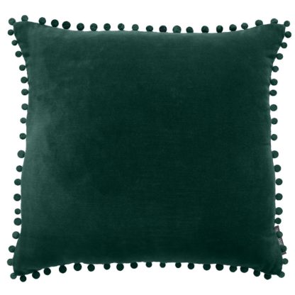 An Image of Country Living Velvet Pom Pom Cushion - Dark Green -30x50cm