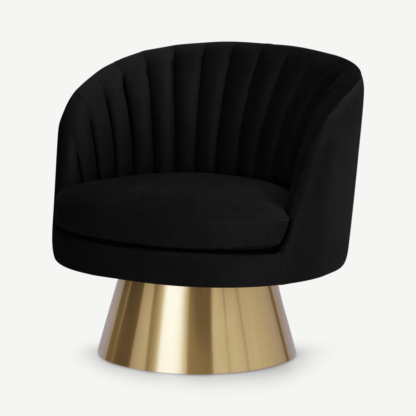 An Image of Sylvie Swivel Accent Armchair, Deep Black Velvet