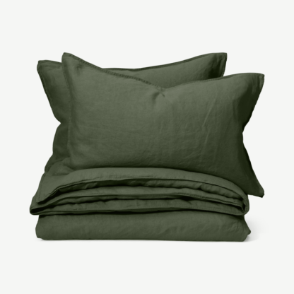An Image of Brisa 100% Linen Duvet Cover + 2 Pillowcases Kingsize, Moss Green
