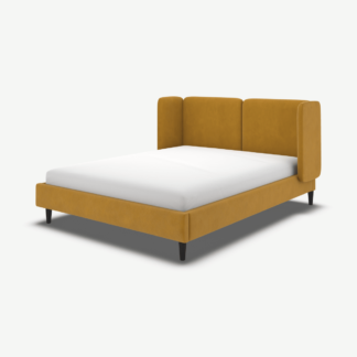 An Image of Ricola King Size Bed, Dijon Yellow Cotton Velvet with Black Stain Oak Legs