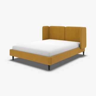 An Image of Ricola Double Bed, Dijon Yellow Cotton Velvet with Black Stain Oak Legs