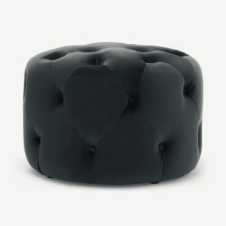 An Image of Hampton Small Round Pouffe, Velvet Midnight Grey