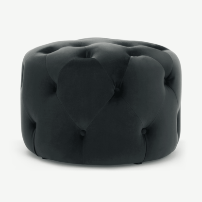 An Image of Hampton Small Round Pouffe, Velvet Midnight Grey