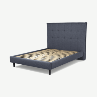 An Image of Lamas Double Bed, Navy Wool with Black Stain Oak Legs
