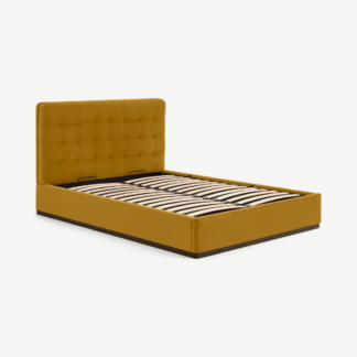 An Image of Lavelle Super King Size Ottoman Storage Bed, Marigold Velvet & Walnut Stain Plinth