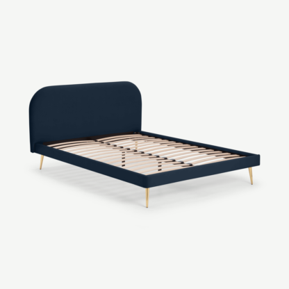 An Image of Eulia Double Bed, Sapphire Blue Velvet & Brass