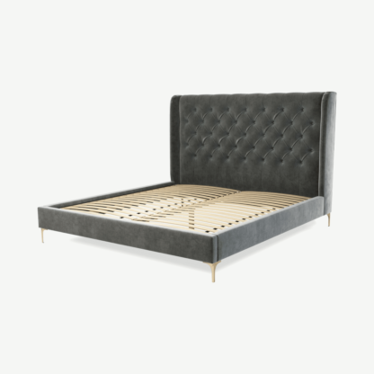 An Image of Romare Super King Size Bed, Steel Grey Velvet with Brass Legs