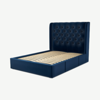 An Image of Romare Double Bed with Storage Drawers, Regal Blue Velvet