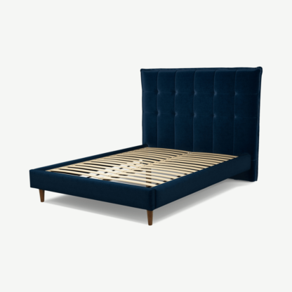 An Image of Lamas Double Bed, Regal Blue Velvet with Walnut Stain Oak Legs