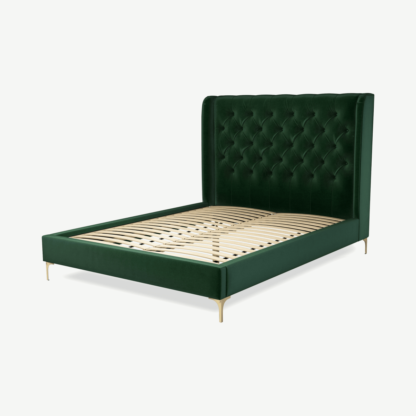 An Image of Romare King Size Bed, Bottle Green Velvet with Brass Legs