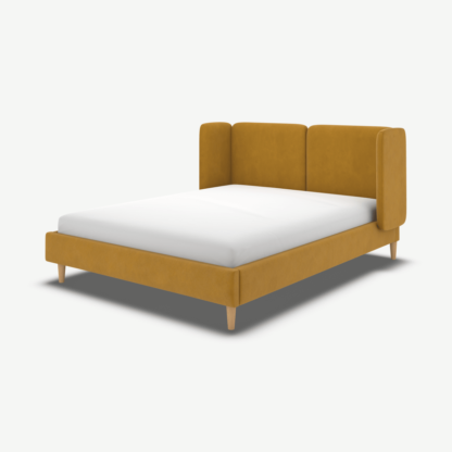 An Image of Ricola Double Bed, Dijon Yellow Cotton Velvet with Oak Legs