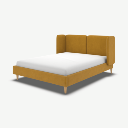 565f8ea3634688ea547ada99df5a37568a28a0355a7a3b50b2145a60584a8b7b.png An Image of Ricola Double Bed, Dijon Yellow Cotton Velvet with Oak Legs